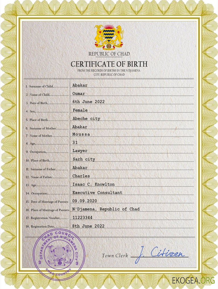 Modèle PSD de certificat de naissance de l'état civil du Tchad